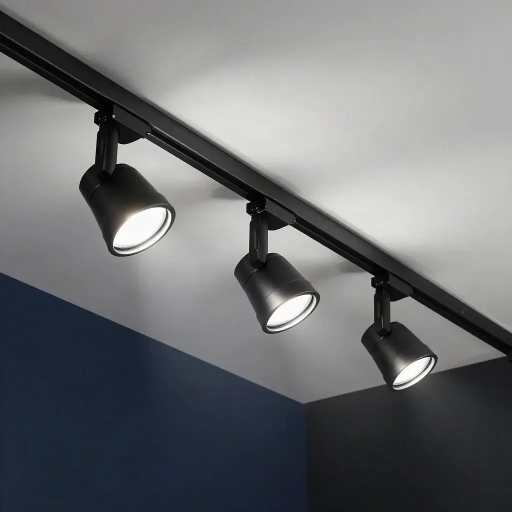 Low-angle matte-black ceiling track kit with three heads on a dark studio plinth, rim-lit in haze.