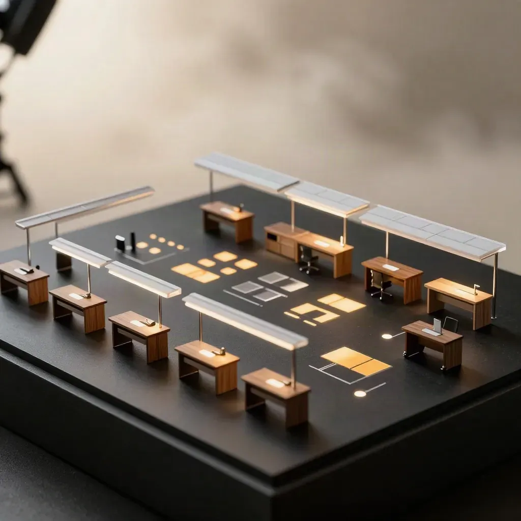 Miniature office lighting plan glowing with amber zones on a matte-black model board.