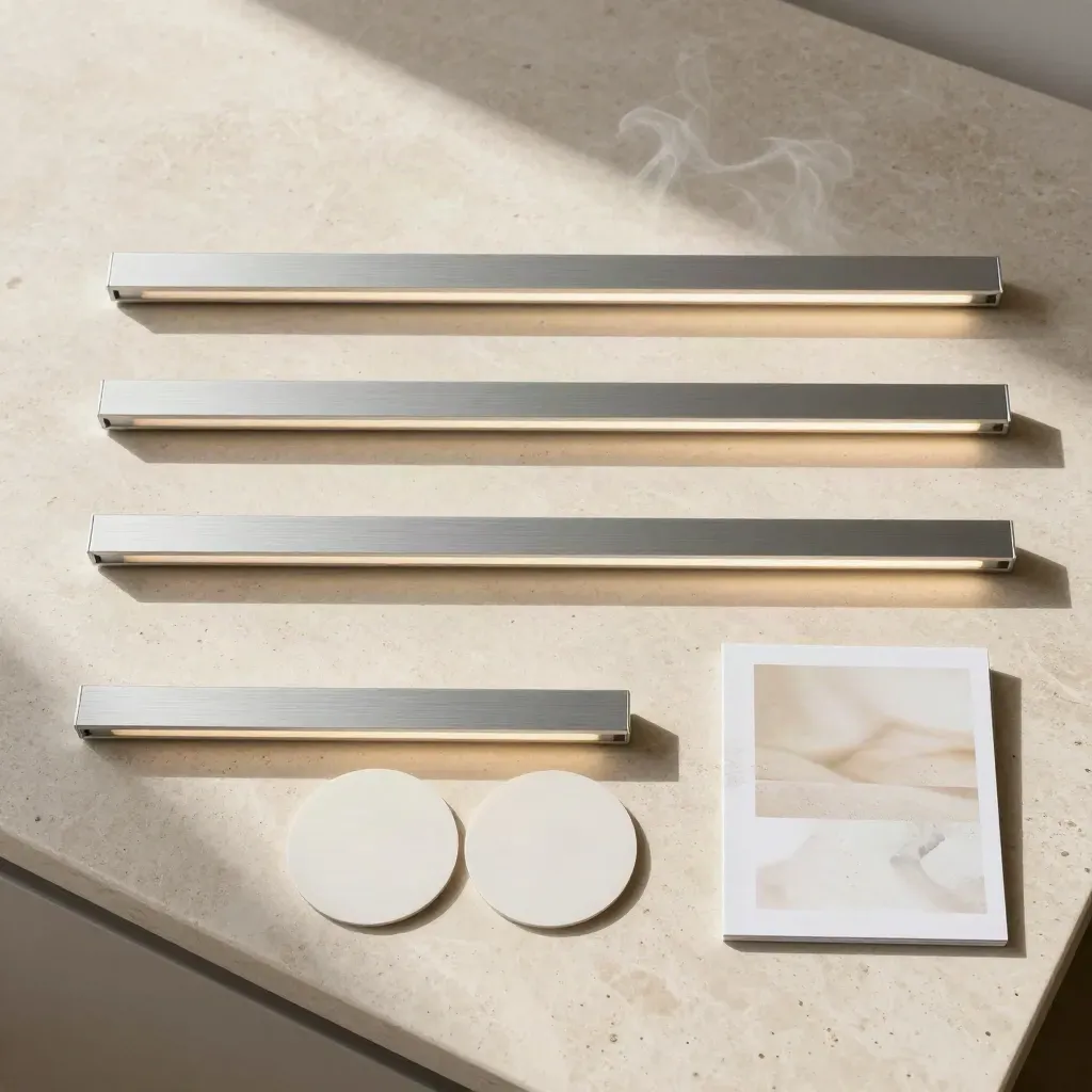 Overhead kitchen lighting plan kit with LED bars, warm-white discs, and a stone swatch.