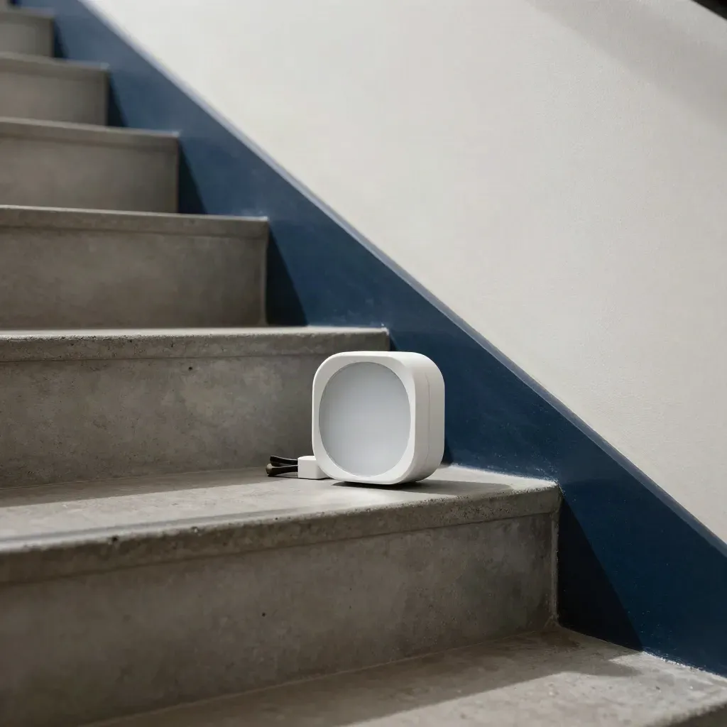 Motion sensor stairwell set on a concrete step, lit from above in a cool modern stairwell.