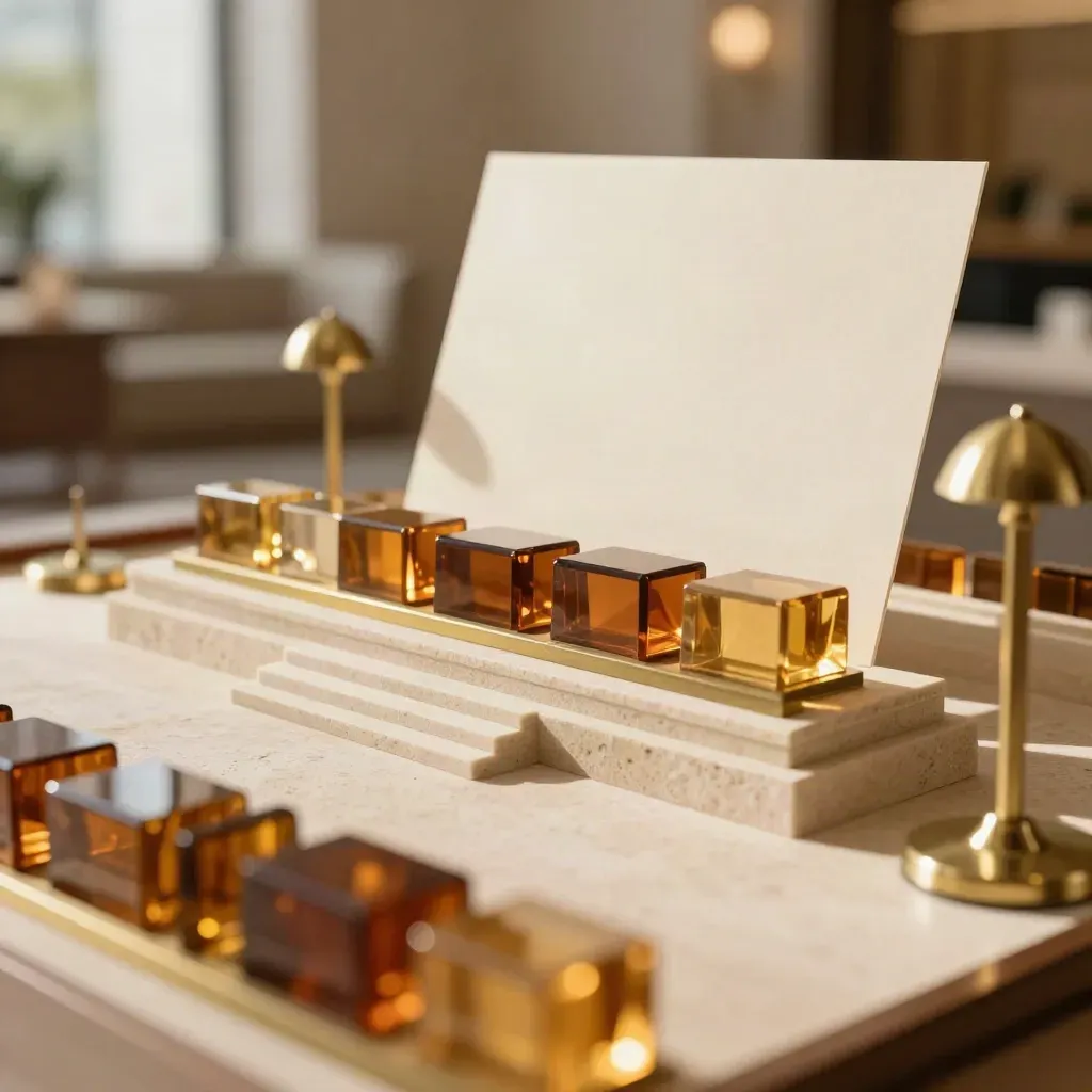 Macro of brass lamps, amber glass samples and stone plinths on a lobby pedestal