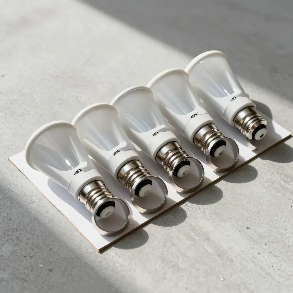 Six GU10 lamps with sleeves and a trim ring in a precise overhead flat lay on pale concrete.