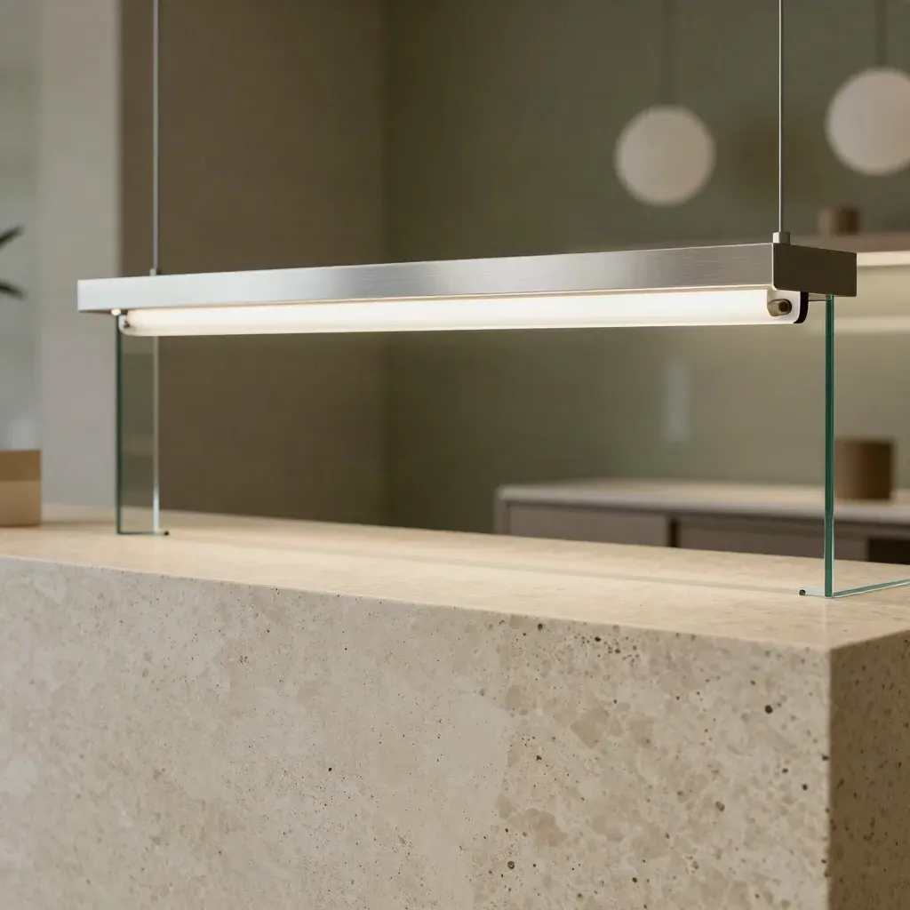 Travertine lighting counter with silver fixture samples and blurred boutique shelves above